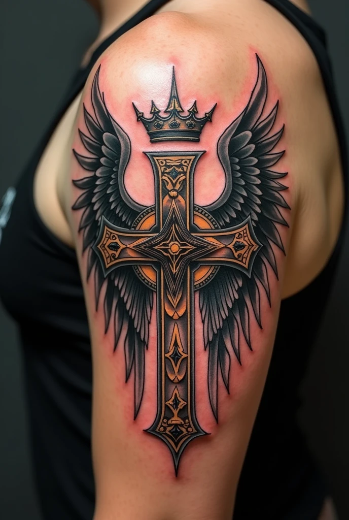 Cross with a crown and wings tattoo