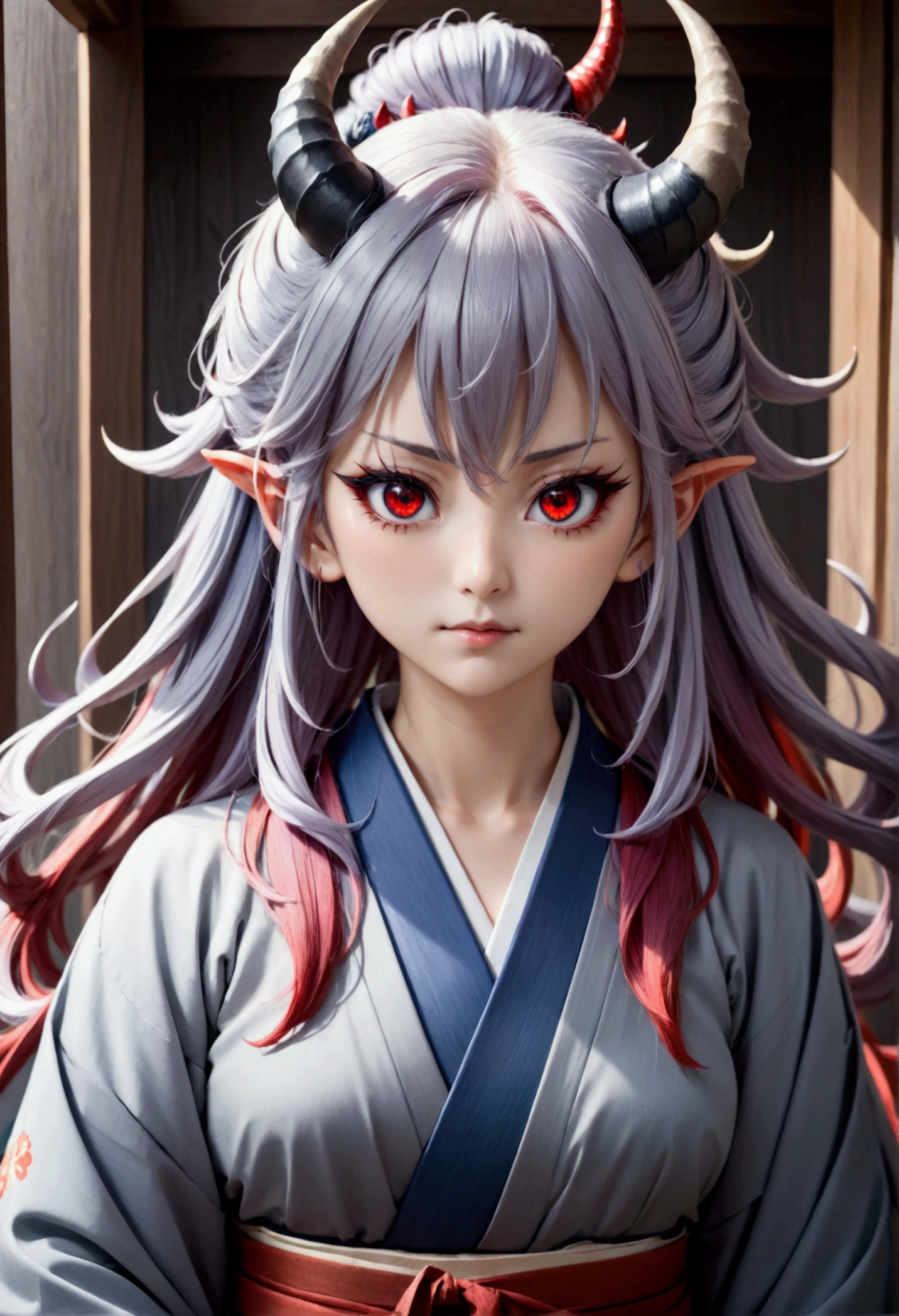 8k, Highest quality, Manga style, View your viewers, Intricate details,One person, Nakiri Ayame, ２Demon horns in the book, Multicolored Hair, Long Hair, Red eyes, Gray Hair, kimono,