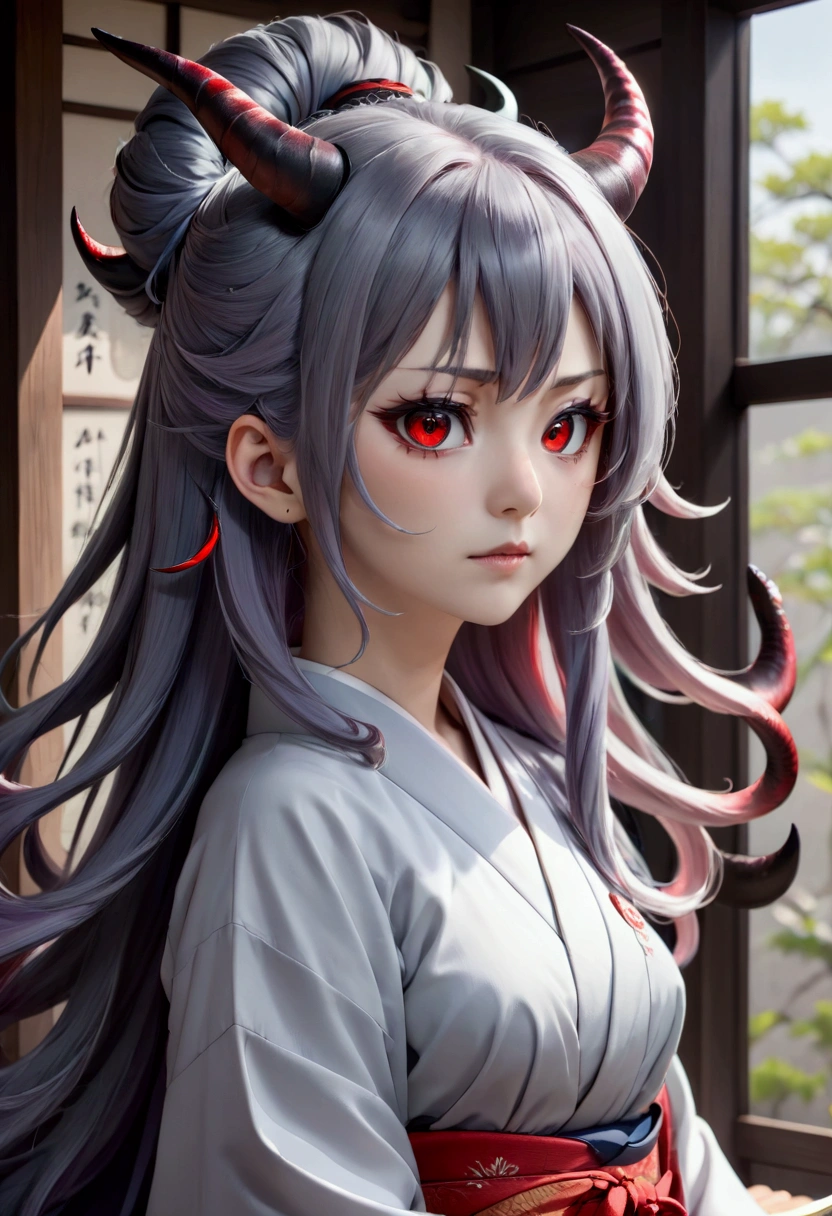 8k, Highest quality, Manga style, View your viewers, Intricate details,One person, Nakiri Ayame, 2Demon horns in the book, Multicolored Hair, Long Hair, Red eyes, Gray Hair, kimono,