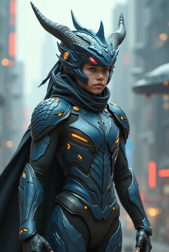 A teenage superhero with dragon armor and helmet