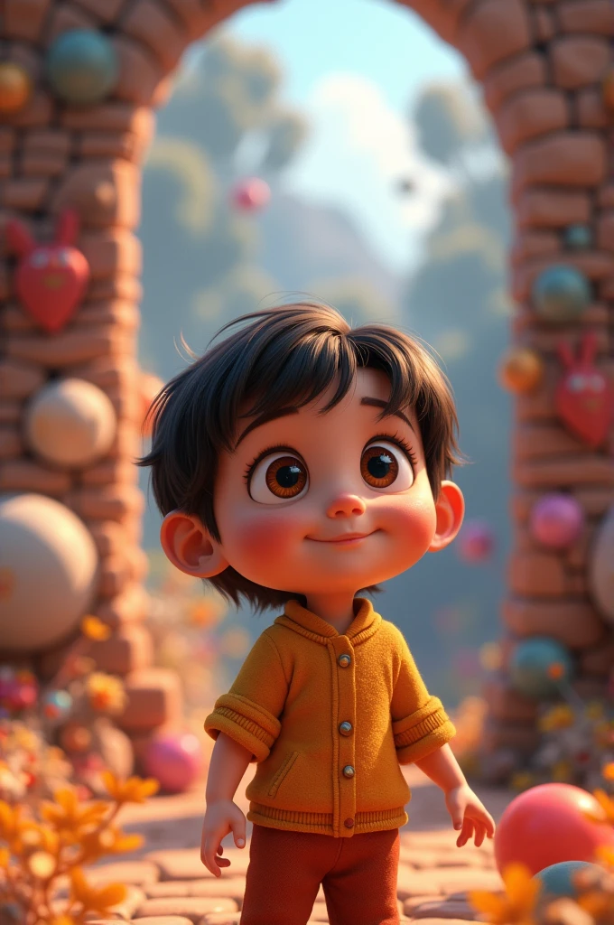 Create 3D Disney Pixar style poster capturing a scene of a child with short straight hair and dark brown eyes and hair