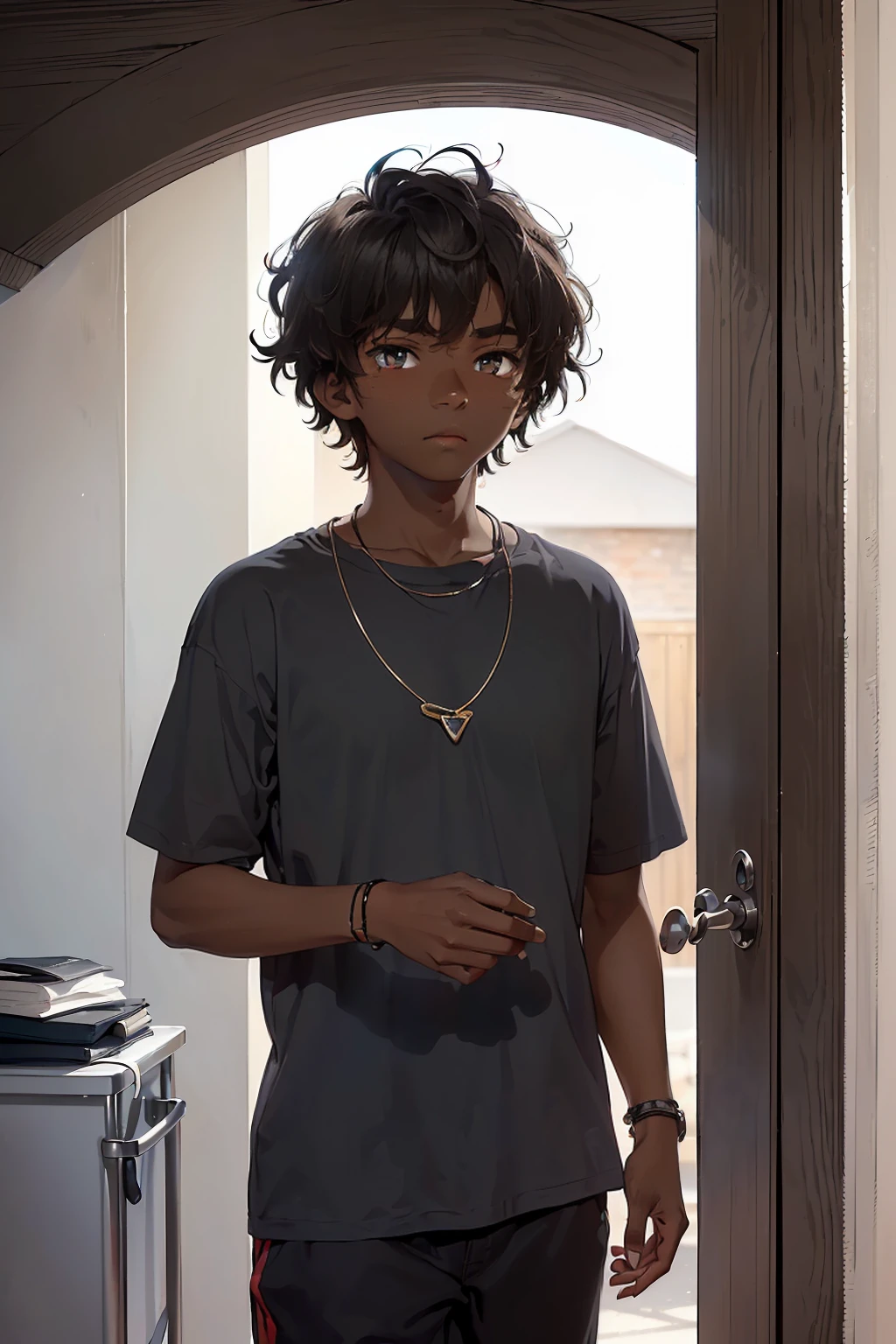 (Young -yeld bowith average physical appearance and a height of 1.80 m. (dark skin color: 2.0), his face has a youthful oval shape. His eyes are brown and his hair is short, black and curly. His His face has mixed facial features, with a thick, flat nose, and a large but slightly thin mouth. His build is athletic and very average for a 17-year-o teer, w a very average build. , but his eyes shine with a contained energy. His presence is imposing and magnetic, drawing the attention of everyone around him.)