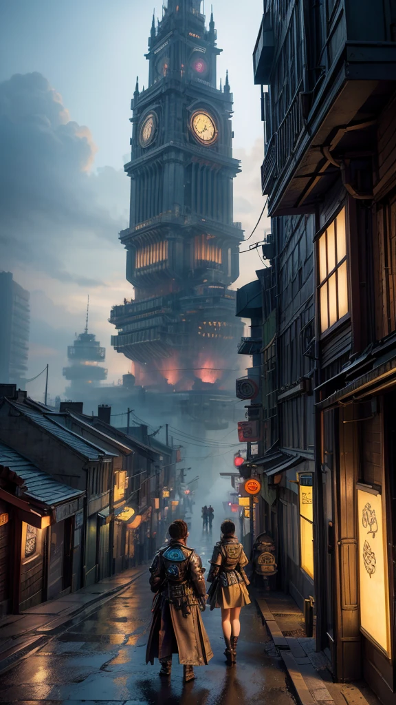 a group of people standing on top of a tall building, tekkon kinkret, tekkonkinkreet, tekkon kinkreet), brown cloak, scene from the movie Bladerunner, coruscant, diesel punk, cloudpunk, solarpunk style, platform science fiction, post-apocalyptic coruscant, Solarpunk,a group of people walking on an old cyberpunk street with a machine castle in the background of steampunk city,ancient cyberpunk city, old steampunk, matte painting, fantasy matte, gorgeous matte paintings, epic cinematic,View from below.bioshock style,steampunk Bioshock.  hyper-realistic oil painting, clear facial expressions, Octane rendering, ray tracing, depth of field, super details.