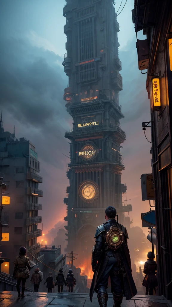 a group of people standing on top of a tall building, tekkon kinkret, tekkonkinkreet, tekkon kinkreet), brown cloak, scene from the movie Bladerunner, coruscant, diesel punk, cloudpunk, solarpunk style, platform science fiction, post-apocalyptic coruscant, Solarpunk,a group of people walking on an old cyberpunk street with a machine castle in the background of steampunk city,ancient cyberpunk city, old steampunk, matte painting, fantasy matte, gorgeous matte paintings, epic cinematic,View from below.bioshock style,steampunk Bioshock. hyper-realistic oil painting, clear facial expressions, Octane rendering, ray tracing, depth of field, super details.