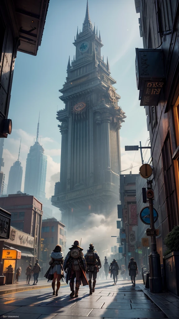 a group of people standing on top of a tall building, tekkon kinkret, tekkonkinkreet, tekkon kinkreet), brown cloak, scene from the movie Bladerunner, coruscant, diesel punk, cloudpunk, solarpunk style, platform science fiction, post-apocalyptic coruscant, Solarpunk,a group of people walking on an old cyberpunk street with a machine castle in the background of steampunk city,ancient cyberpunk city, old steampunk, matte painting, fantasy matte, gorgeous matte paintings, epic cinematic,View from below.bioshock style,steampunk Bioshock. hyper-realistic oil painting, clear facial expressions, Octane rendering, ray tracing, depth of field, super details.