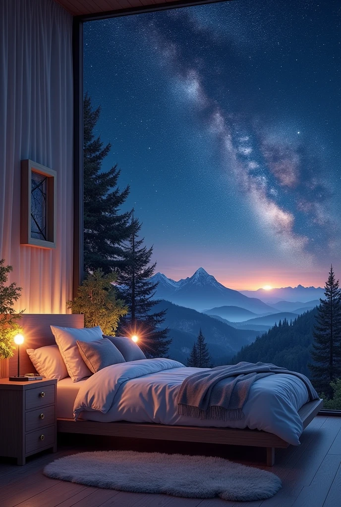 ((realistic)), ((ultra-Hd: 1.3)), Inside a cabin. The spectator admires the starry moonlight. With a greenish tint