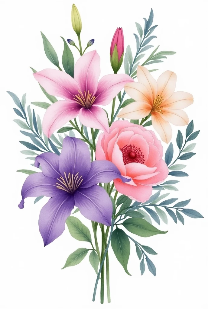a watercolor flower bouquet with a pink purple and light green color palette with a white background