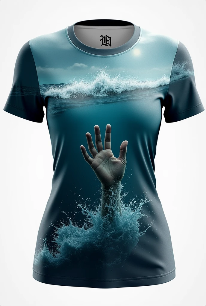 Here is a detailed description of the design for a custom women's shirt with a 3D effect:
---
**Shirt Front:**
- **main image**: The front of the shirt features a stylized hand reaching out from a water surface.. The three-dimensional effect is created through a print that simulates the movement of water around the hand, which is intricately textured to add depth and realism.
- **fund**: The background features a vast and deep sea, with dynamic waves and light effects that accentuate the sense of depth. The color of the sea goes from a dark blue at the bottom, gradually lightening towards the horizon to create an effect of distance.
- **Additional Detail**: Small reflections of light and touches of foam on the waves near the hand enhance the 3D effect., making the design more immersive and visually impactful.
**Towards Camisa:**
- **main image**: The back features a more subtle pattern that refers to the theme of the sea., with soft waves or an abstract design inspired by water, so as not to overload the front view.
- **Additional Detail**: An inspirational or motivational text, SOM "Hope in every wave" ou "There is always a rescue", is positioned discreetly on the upper or lower back, using an elegant font that complements the design without competing with the front.
**material e Impressão:**
- **material**: The shirt is made of high quality cotton or polyester blend, which provides a comfortable fit and is ideal for enhancing 3D printing.
- **Printing Technique**: Advanced digital printing or 3D techniques are used to ensure that the details of the hand and sea are clearly defined and the three-dimensional effect is effective and durable..
--- This shirt offers a striking and unique look, highlighting a visually stunning and symbolic representation of rescue and hope.
That has one hand coming out of the water and another coming from the heavens