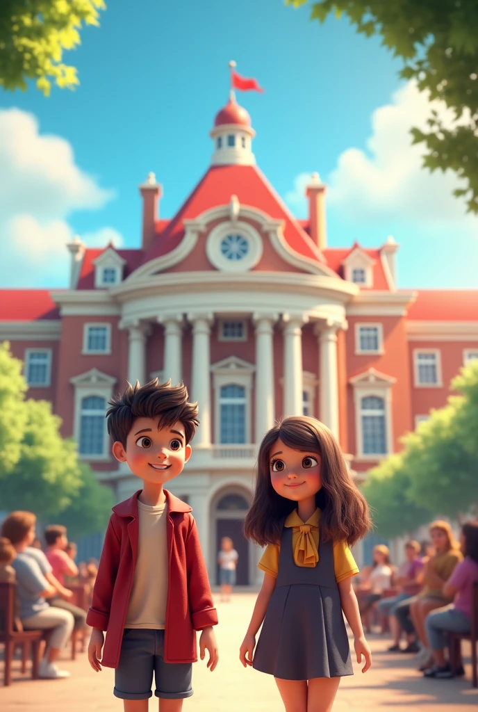 Graduation，Must have school building characteristics，1 boy and 1 girl in school uniforms（Animation）