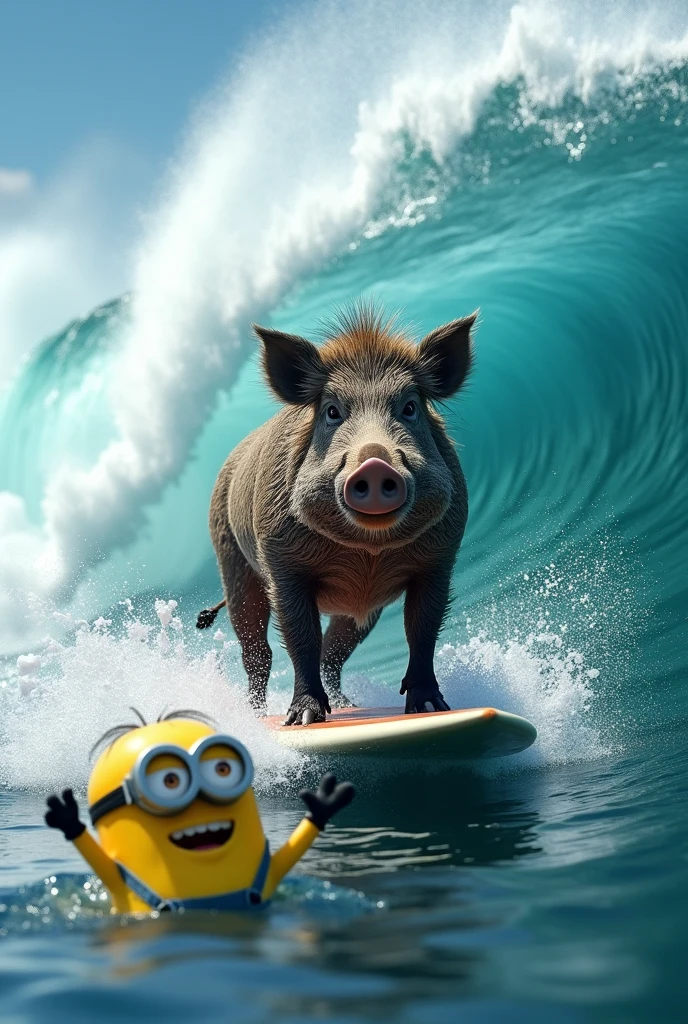 Un sanglier qui surf une vague enorme sur une vraie planche de surf façons realistic cartonne d 'un point de vue de côté mais avec un minion au premiers plan tout devant de l'image qui nage et qui fait coucou