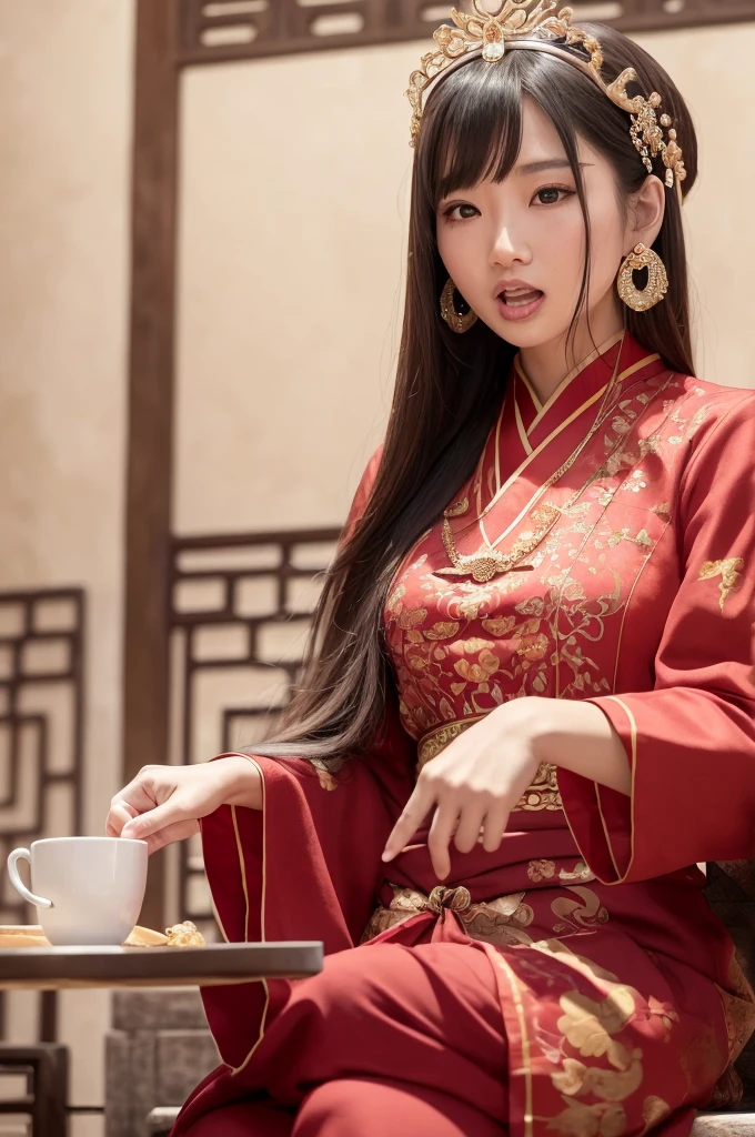 Close-up of a woman sitting at a table drinking coffee, palace , Girl in Han Dress, A young woman like Genghis Khan, Beautiful oriental woman, Chinese women, Chinese Girl, Chinese Princess, an Asian woman, a young Asian woman, ancient Chinese Princess, Asian woman, Wearing ancient Chinese costumes, Traditional beauty, Young Asian man with earrings, Cat ear, Open your mouth,