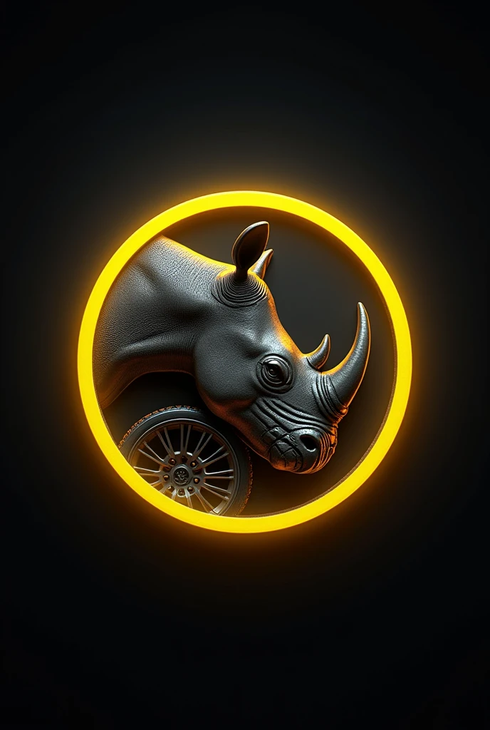 3D logo with name written "RHINO blessed" there is a picture of a car wheel behind the writing, round shape and writing or images do not go outside the circle to keep it neat, emboss effect, stainless steel, artistic elegance, glowing efek.auto focus, yellow highlighter logo color, dark color background