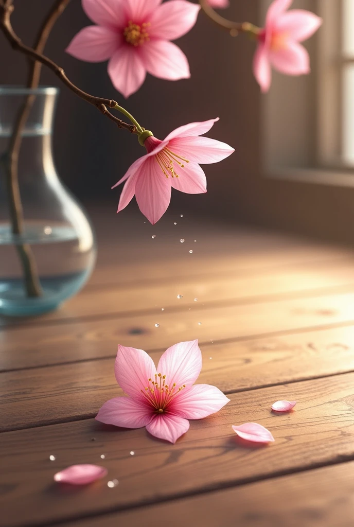 A sakura flower spills onto the floor from a vase of water