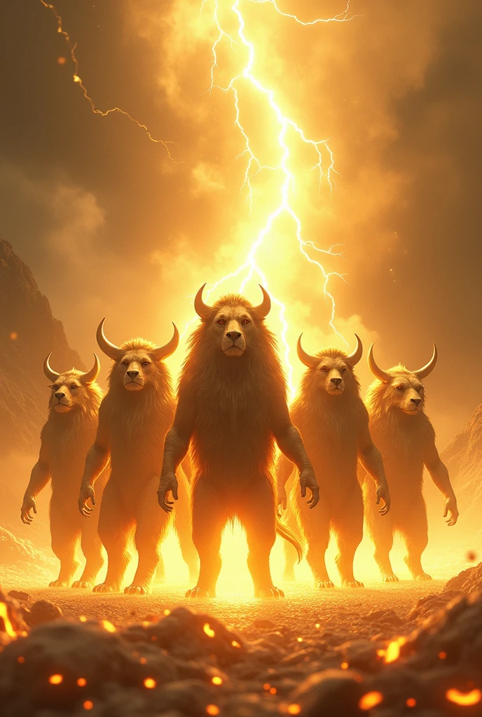 4 creatures standing in bright light in human form with 4 faces each creature, lion face, eagle face, ox face and man face, transparent golden ground, Lightning and thunder , fire around the place, all golden with lots of light