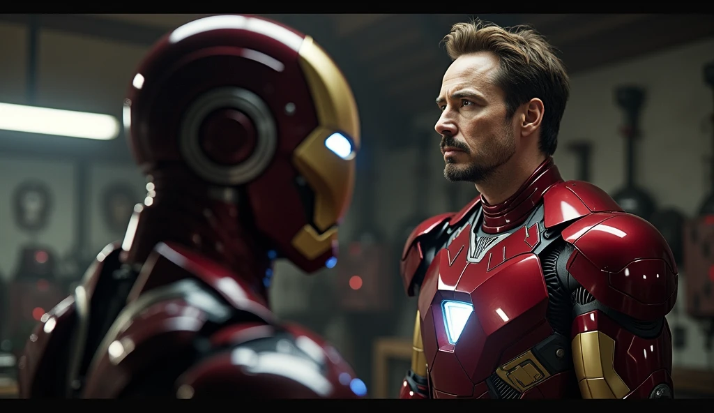 Scene 46: Reflection in the Armor
Tony Stark looks at his reflection in the new suit’s helmet, seeing both the man he was and the hero he’s become.