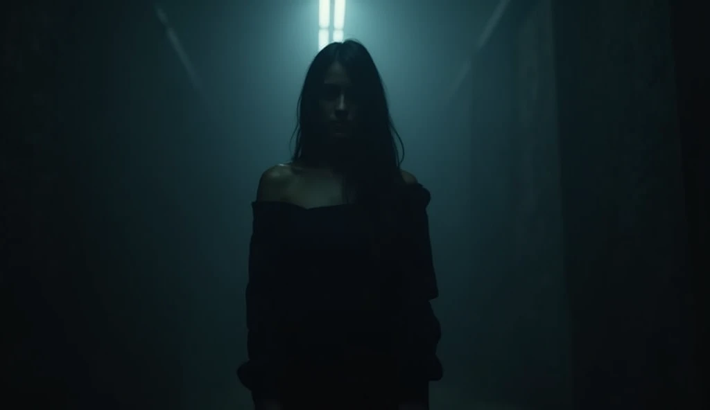 Highest quality, masterpiece, Ultra-high resolution, (Realistic:1.4), RAW Photos, One person, Off the shoulder, In the Dark, Deep Shadow, Modest, Cold Light