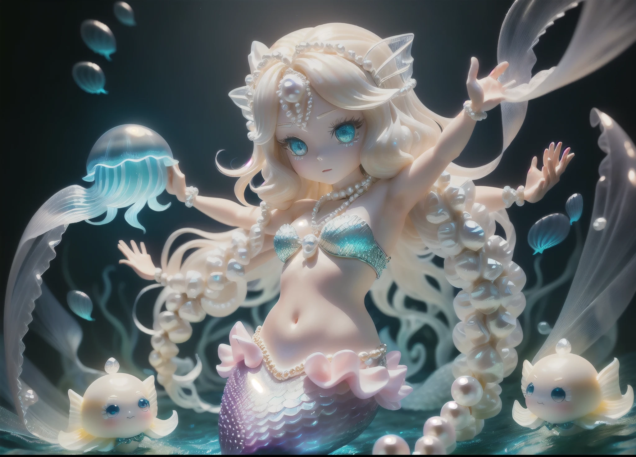 chibi, blindbox, mermaid woman, full body 3d, pearlescent skin, long hair (blond, with pearls and nets), eyes large, cute merpeople, illuminated, shell necklace around the neck, jellyfish around, 8k, high rendering, 3D rendering,