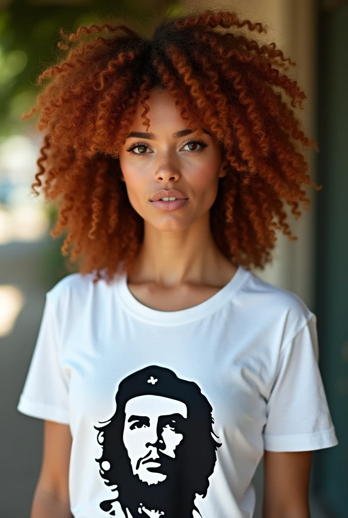 A white Brazilian woman with her hair dyed a natural dark copper red, very long and very curly, not voluminous, rosto angelical, chubby and oval face, very beautiful, eyes browns, small and round mouth, slightly large cheeks, round eyes, big eyelashes, small and cute nose, round chin, wears well-defined eyeliner and a white Che Guevara shirt and a denim skirt.