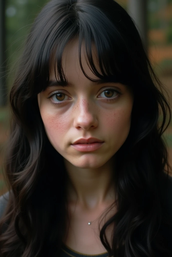 a thin young woman with sallow skin around 21 years old, a large, hooked nose, long black hair that frames her face in curtains, dark and penetrating brown eyes that appear black in color, resembles Vicky Krieps, has a strong presence, natural beauty, 1980s, United Kingdom, cinematic portrait, facing the audience, Harry Potter related setting