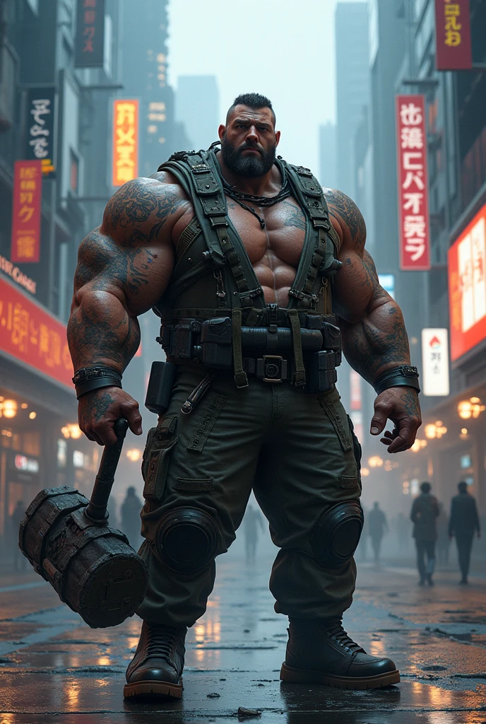 Create a 130-kilogram burly man, hunter and ex-military man with a combat hammer in his hand in the world of cyberpunk 