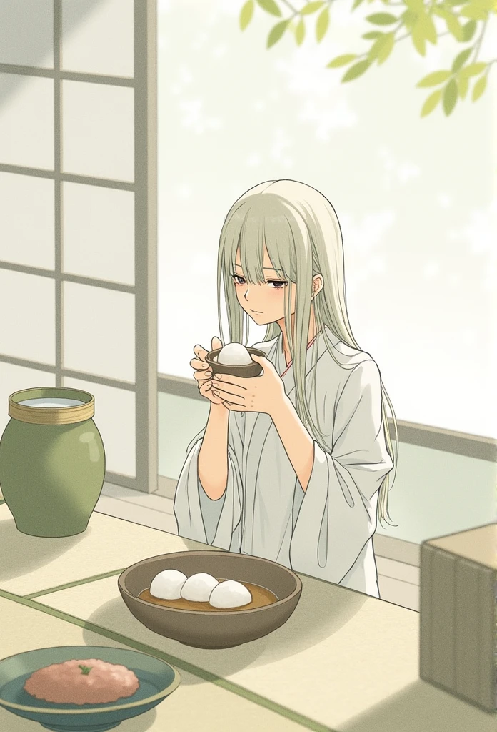 thin long hair,Eat rice balls