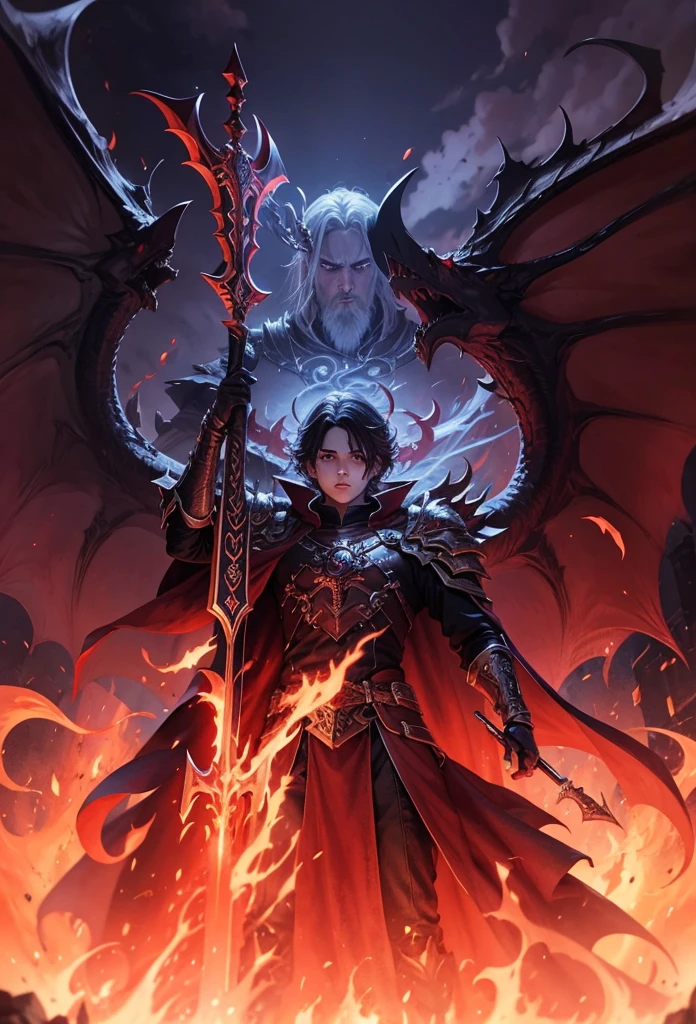 Mohg lord of blood, anime boy, best quality, trident weapon, elden ring, rpg character, young boy