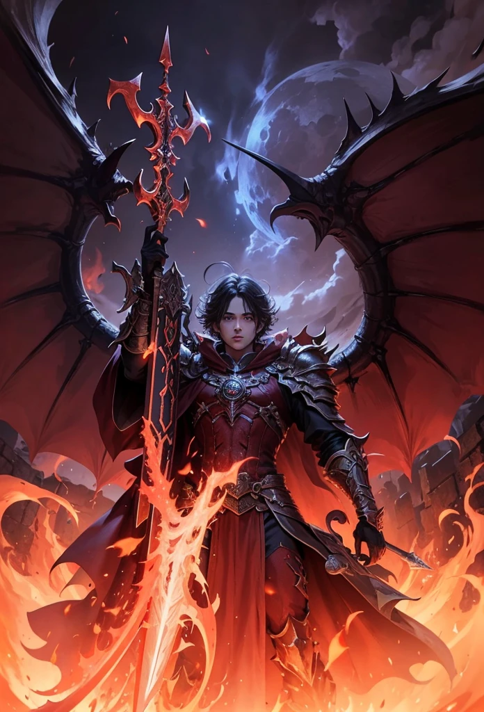 Mohg lord of blood, anime boy, best quality, trident weapon, elden ring, rpg character, young boy