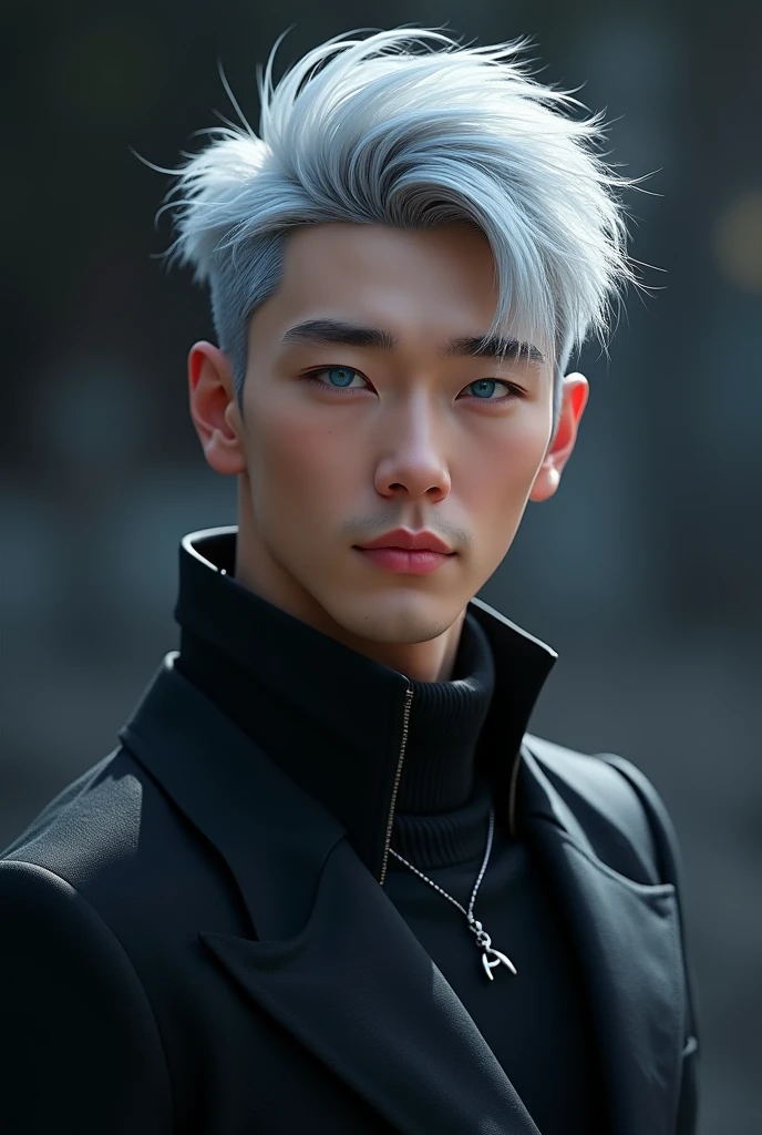 Create a realistic portrait of an Asian male in his late twenties with striking, sharp features. He has silver-white hair styled in a spiky, tousled manner, slightly longer on top. His eyes are a vivid, icy blue, exuding confidence and a hint of playfulness. He wears a sleek black high-collared jacket that fits snugly around his neck, with a modern, minimalistic design. The jacket should have a slightly glossy finish, hinting at a high-tech material. His expression is confident and relaxed, with a slight smirk on his lips. The background is dark and atmospheric, with subtle hints of a mystical aura surrounding him, adding an otherworldly touch to the scene