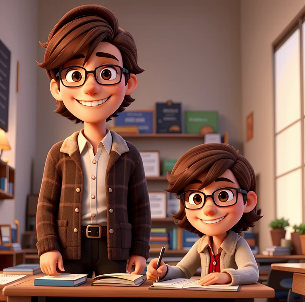 Professor with dark brown hair, Grinning