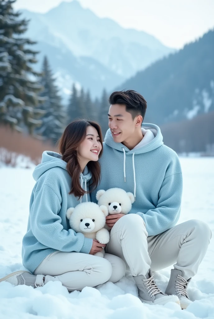 Beautiful pure white Korean woman, wearing a light blue knitted hoodie, white culottes, handsome pure white man, wearing a light blue hoodie, white jeans, boots, holding a white bear, next to a white bear, sitting in the snow, snow with snow field background, snow mountain, snow pine tree, real photo