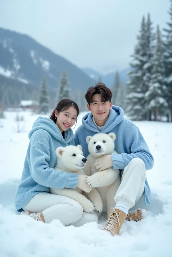 Beautiful pure white Korean woman, wearing a light blue knitted hoodie, white culottes, handsome pure white man, wearing a light blue hoodie, white jeans, boots, holding a white bear, next to a white bear, sitting in the snow, snow with snow field background, snow mountain, snow pine tree, real photo