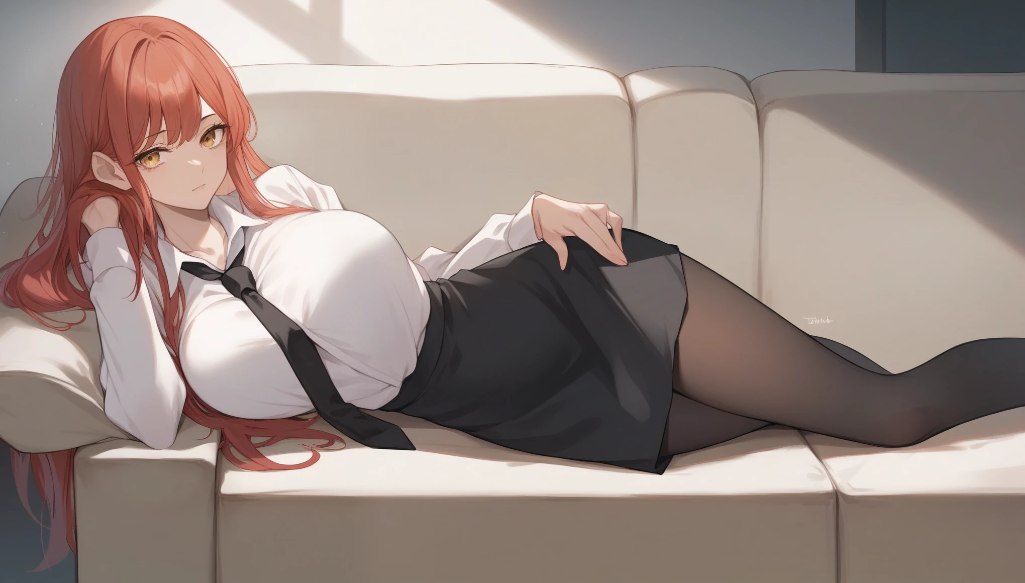 masterpiece，high resolution，Anime Art，Anime Numbers， 4k anime wallpaper，Movie Light Effects，Solitary，Looking at the camera，1 anime girl，Lying on the sofa，Red long hair，Yellow eyes，High and cold，Firm chest，Big breasts，White shirt，Black Tie，Black hip skirt，Black pantyhose