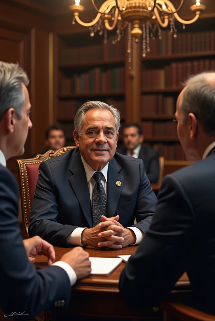   Jose Gregorio Paz Soldán talking with politicians in an elegant room, discussing legal reforms.