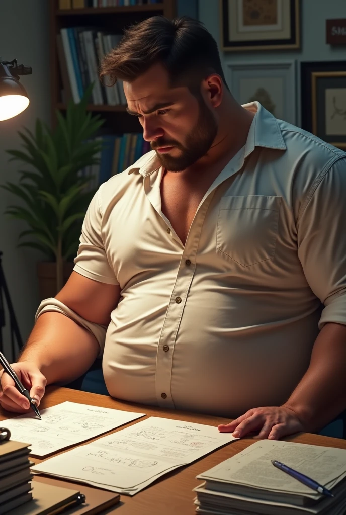 Muscular man with fat belly studying math
