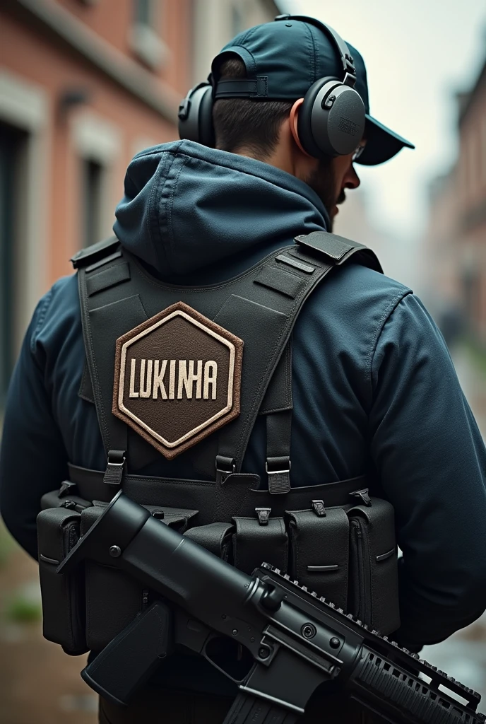 Cliché, Rubber patch, hexagonal coat of arms shield with name Lukinha Airsoft, operator therefore an m4 rifle with a cap and headphones 
