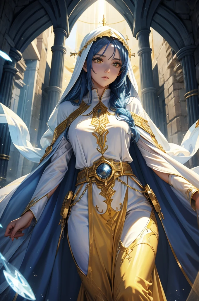 A beautiful Hebrew woman in hiding, derived from the light, brilliant background, Jerusalem inspired, normal attire, fugative, aura of protection, alabaster skin, cunning, sandlike, tunic, robe, blue hair, veil, blue hair, yellow robes, yellow eyes, golden eyes, bracers, belt, alabaster skin, brilliant white,, long flowing jubba, long flowing silk robes, Mary inspired, Mother Mary, saint, hijab, sapphire accessories, mildly decorated robes, wide sleeves