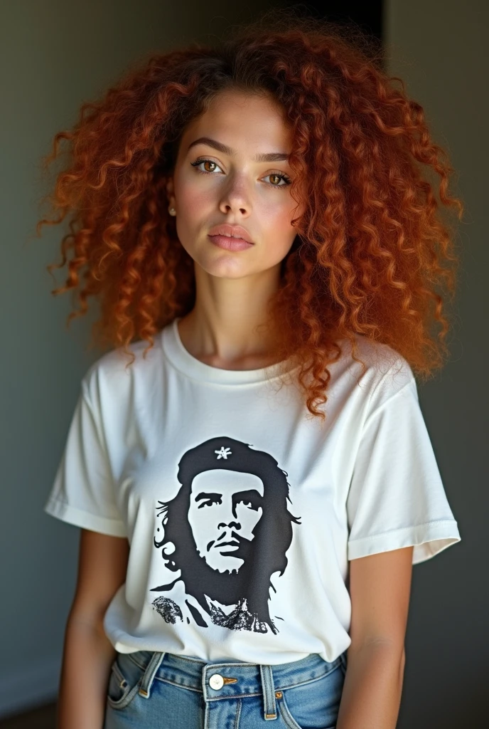 A white Brazilian woman with her hair dyed a natural dark copper red, very long and very curly, not voluminous, rosto angelical, chubby and oval face, very beautiful, eyes browns, small and round mouth, slightly large cheeks, round eyes, big eyelashes, small and cute nose, round chin, wears well-defined eyeliner and a white Che Guevara shirt and a denim skirt.