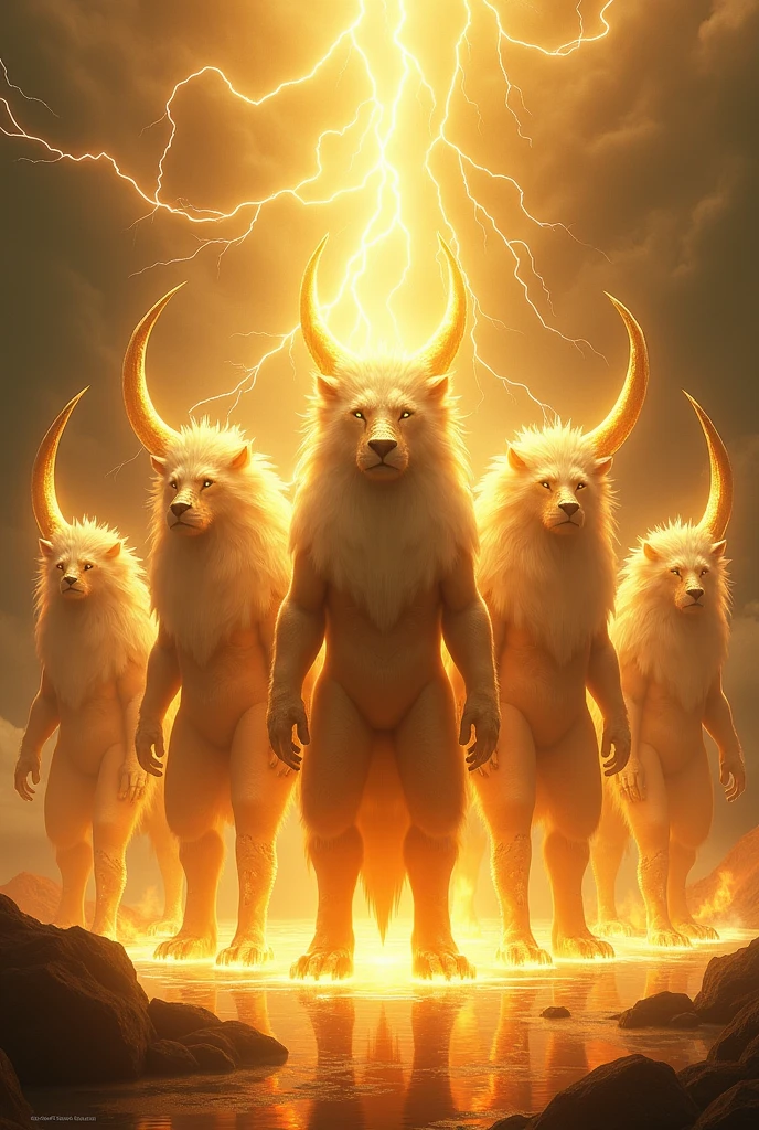 4 creatures standing in bright light in human form with 4 faces each creature, lion face, eagle face, ox face and man face, transparent golden ground, Lightning and thunder , fire around the place, all golden with lots of light