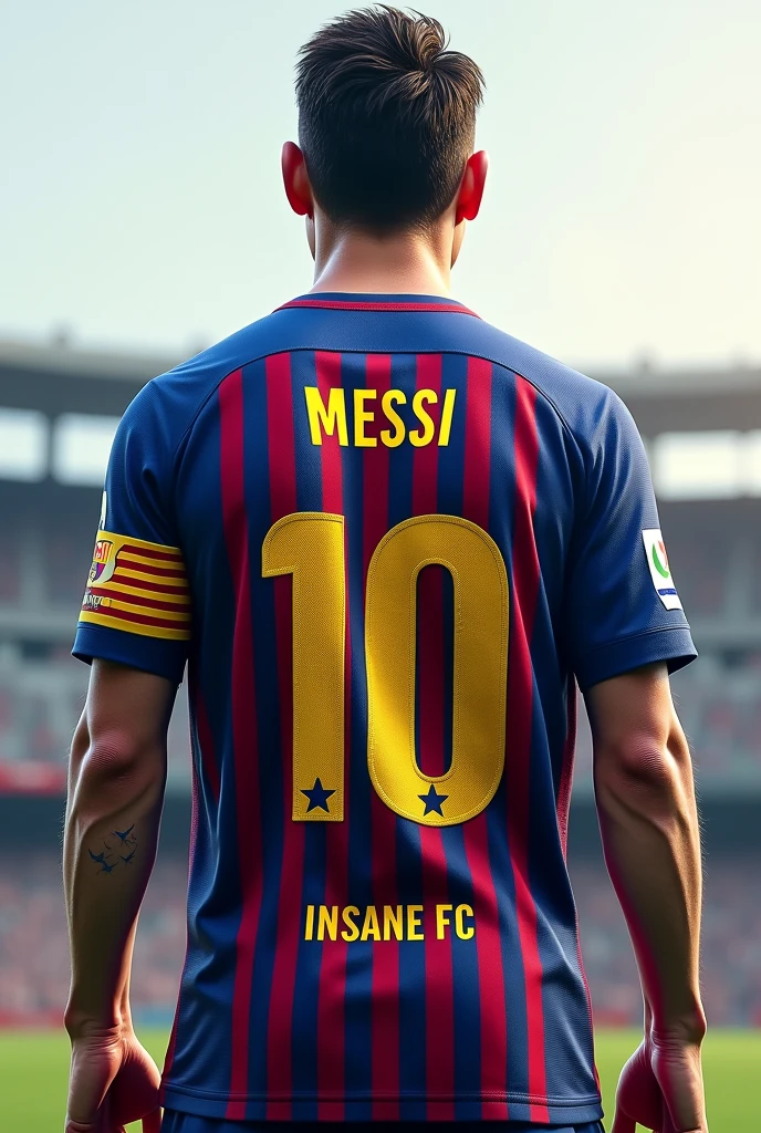 Messi with his Barcelona FC shirt and the name Alex with number 10 and below the number it says INSANE FC