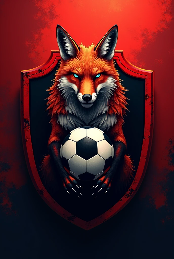 Campinense Clube team shield with soccer ball and giant beautiful and strong ferocious fox in the red and black background
