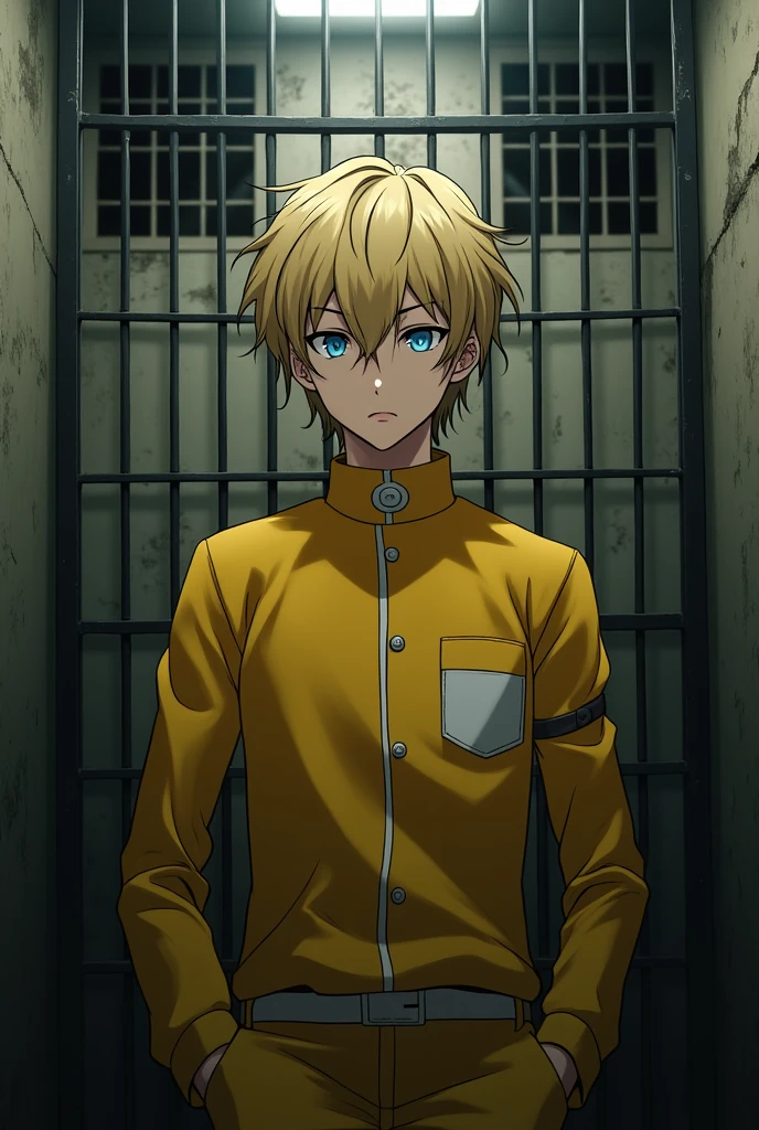 Create an image of Alois Trancy from the anime Black Butler as a prisoner in a yellow uniform, because he is a prisoner! true to the character