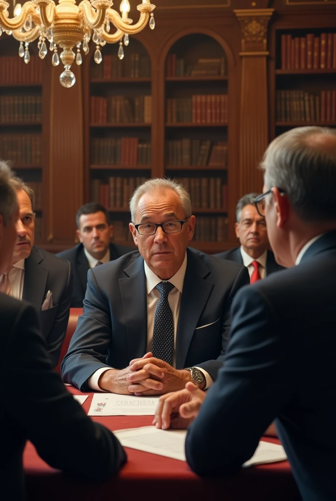   Jose Gregorio Paz Soldán talking with politicians in an elegant room, discussing legal reforms.