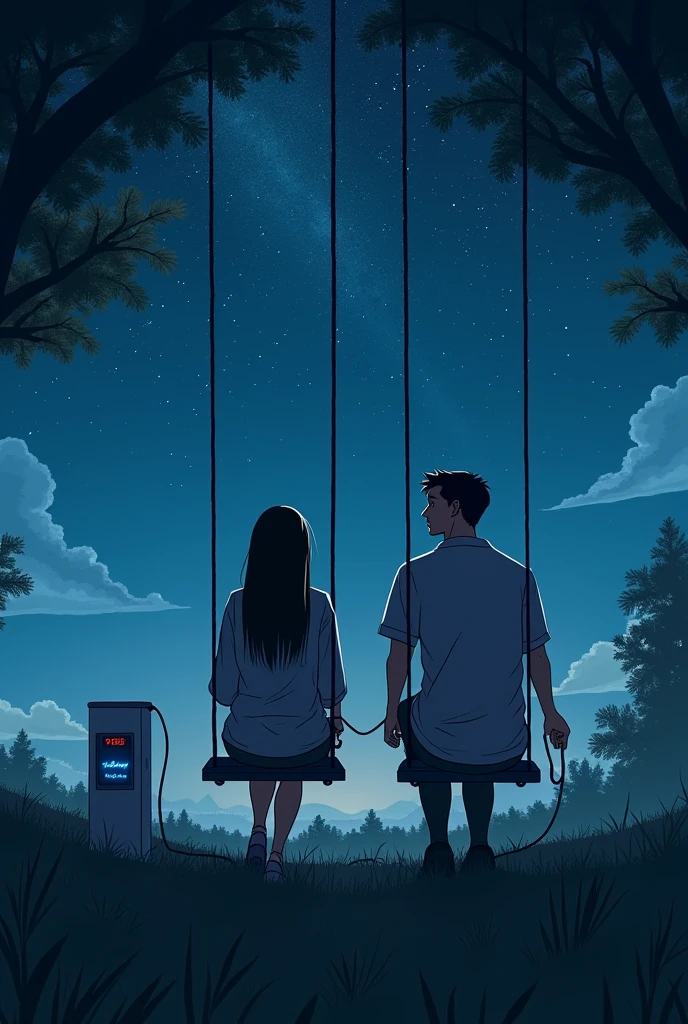 A couple sitting on swings on a hill looking at the sky with lots of stars at night and next to the girl there is an oxygen pump and the cables go to her nose