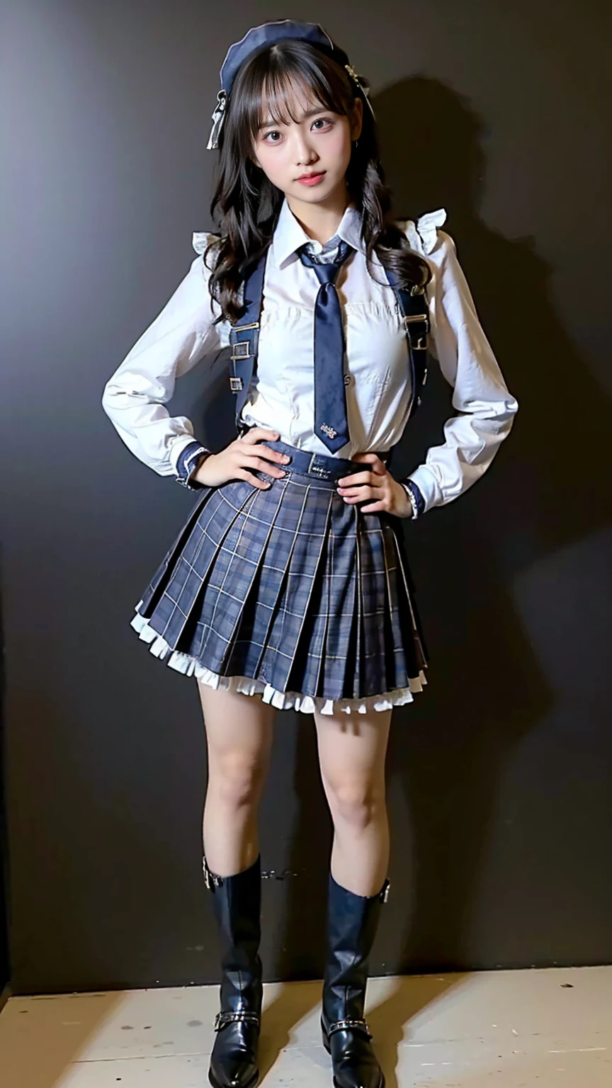 (8k、RAW Photos、Highest quality、masterpiece:1.2)、(Realistic、Realistic)、1 person、((View from the front、Looking into the camera、check、boots、mini skirt、High school uniform、、Standing with one hand on hip、Frills、))、cute