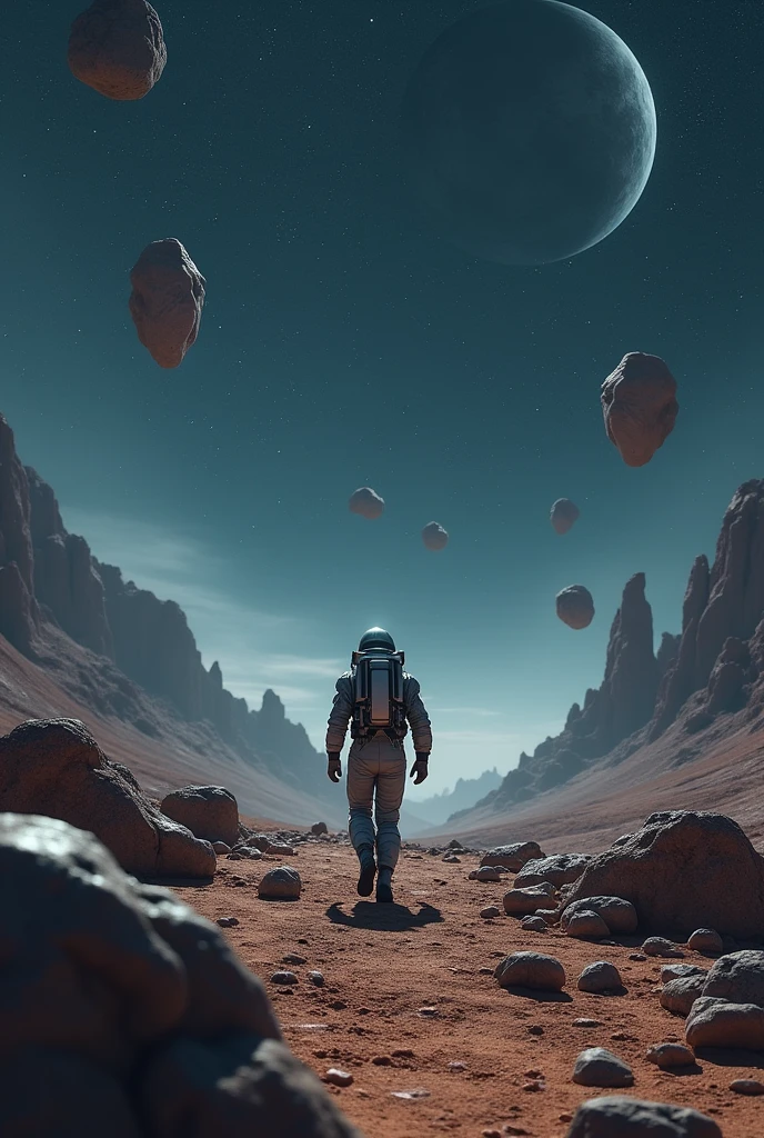 A handheld shot from behind of a man wearing a futuristic spacesuit walking on a valley on a distant planet with hills on left and right side of the scene. Floating rocks scattered around levitating above ground. It's night time and the sky is pitch black full of stars and planets. Inspired from IMAX FILMS. Realistic, hyperrealism, high resolution, extreme quality, volumetric lighting, high resolution, 4k hdr