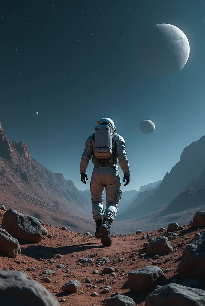 A handheld shot from behind of a man wearing a futuristic spacesuit walking on a valley on a distant planet with hills on left and right side of the scene. Floating rocks scattered around levitating above ground. It's night time and the sky is pitch black full of stars and planets. Inspired from IMAX FILMS. Realistic, hyperrealism, high resolution, extreme quality, volumetric lighting, high resolution, 4k hdr