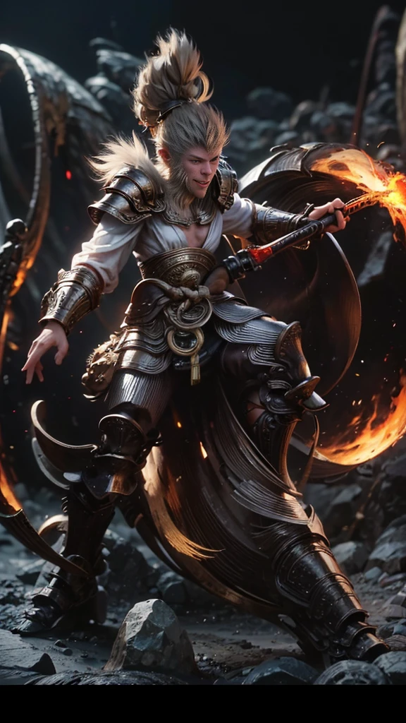 sun wukong,1 person, Fighting Stance, short hair,Pure white background,best quality, masterpiece,Intricate details,Strong,Blank Background, Wearing Chinese armor,cloak,Hold a golden hoop rod in your hand,Red glowing eyes, Grinning expression, Vision,whole body,Chinese style combat boots