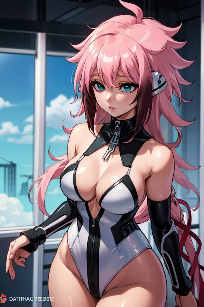 Her "variable" wings are very valuable and are highly desired by Synapse. She has long pink hair that is tightly connected with dark pink ribbons. She also has an "Ahoge". She has emerald eyes. Her hair also becomes more curly and messy and appears to the side on top of her head. Her measurements are Bust: 90 cm, Waist: 56 cm, Hip: 85 cm. She weighs 48 kilograms (105 lbs), is 1.62 m (5'3).