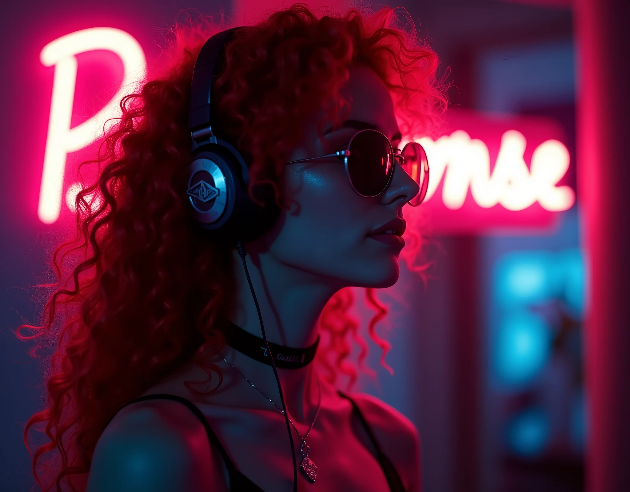 bright red hair. beautiful woman with curly hair Volume and sunglasses in headphones - earphone surrounding dark room neon cyberpunk at night coordinator neon glow,In the room the sign glows and shimmers in neon light" For The Love of Music" realistic style, beautiful colors, Living picture, masterpiece, detailing