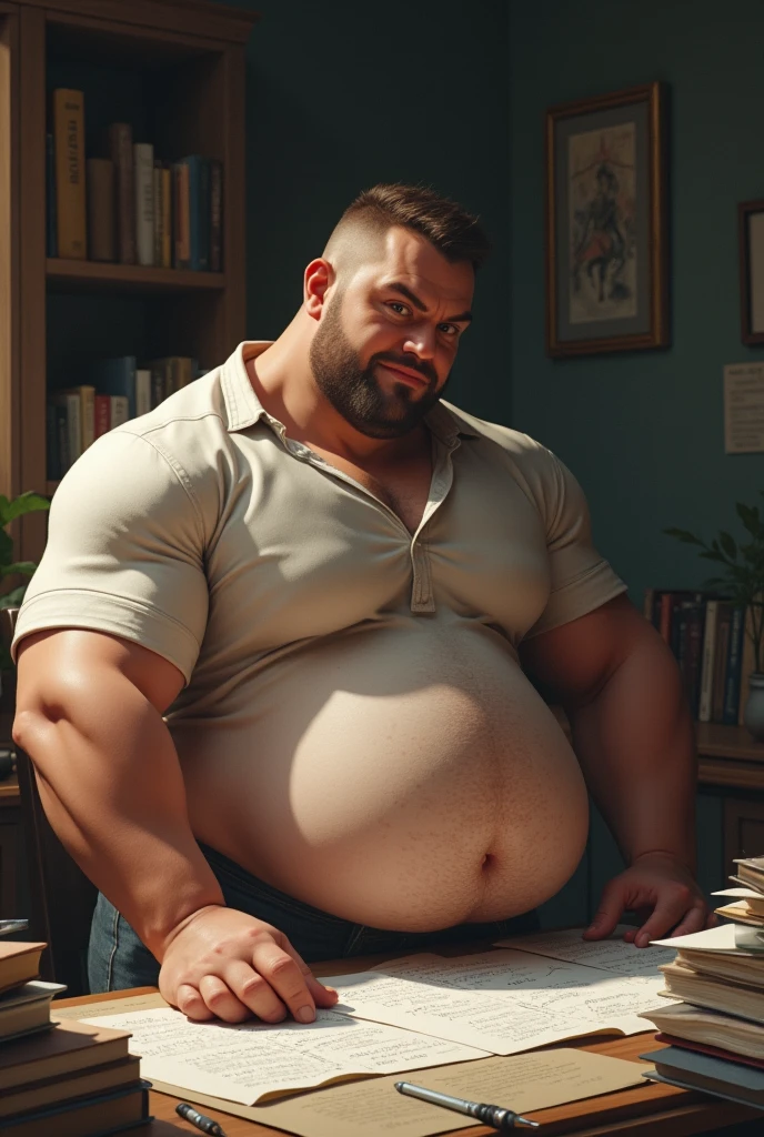 Muscular man with fat belly studying math